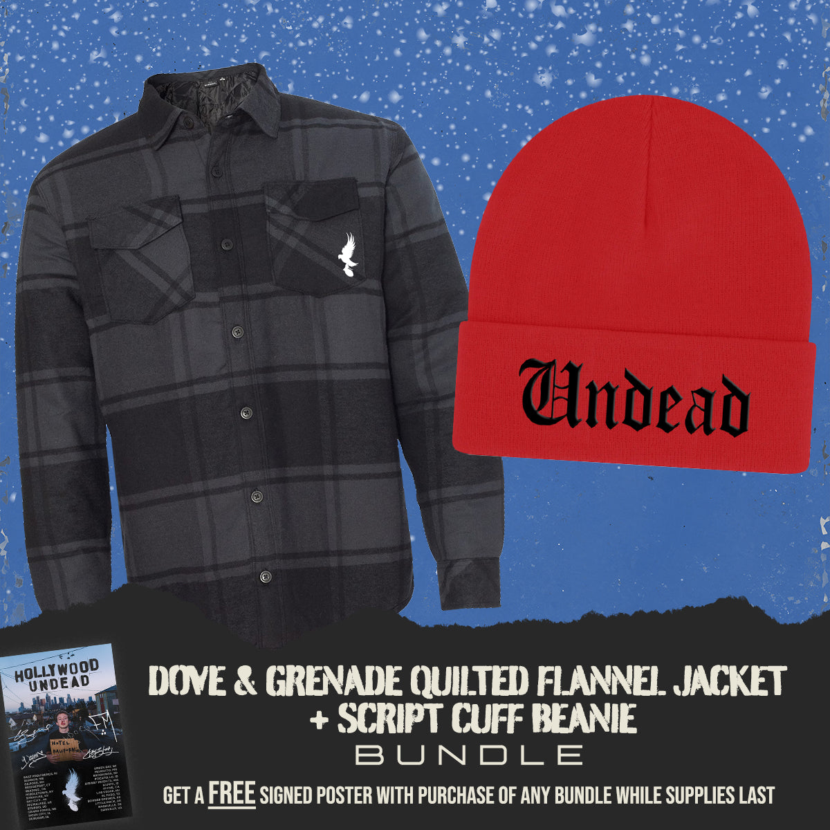 Dove & Grenade Quilted Flannel Jacket + Script Cuff Beanie Bundle